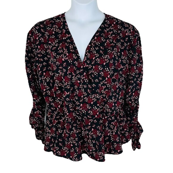 Eloquii Women's Plus Size 18 Floral Peplum Hem Ruched Sleeves Black Red Blouse - Picture 1 of 7
